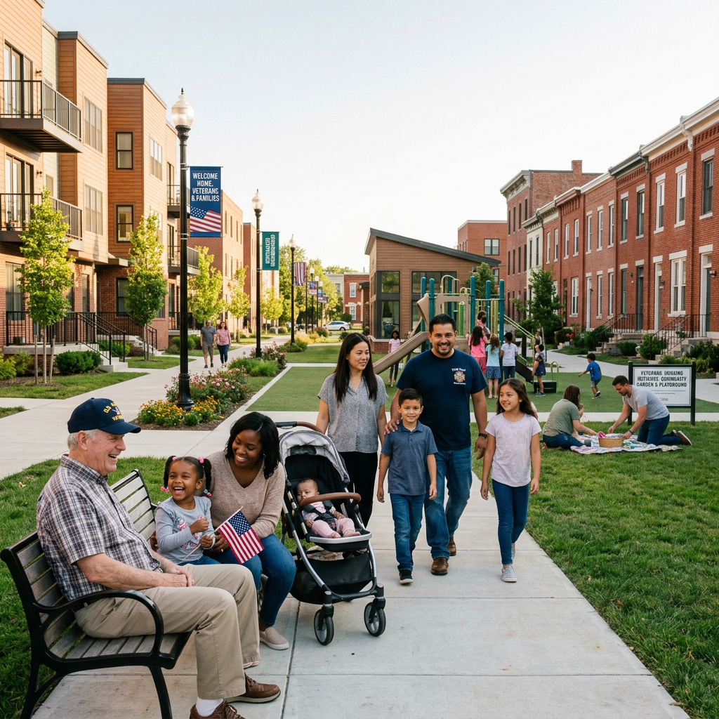 Diverse families and veterans socializing in a neighborhood park with playground