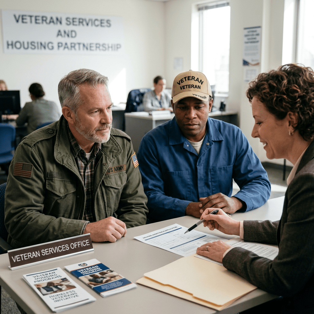 Two veterans consulting with a female staff member at a veteran services office